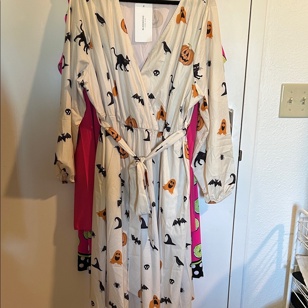 BloomChic Halloween Wrap Dress with Bats and Pumpkins